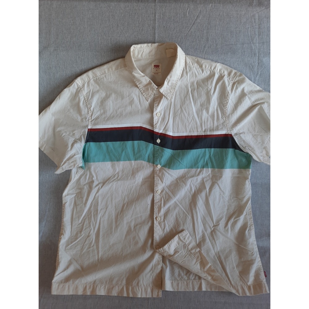 Levi's Men Relaxed Fit Short Sleeve Button Up Shirt XL Cream Stripe Red tab